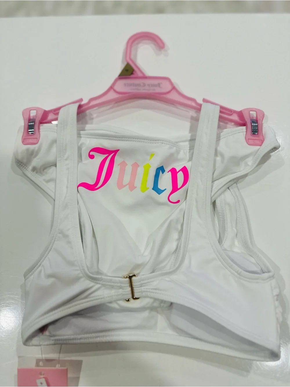 Juicy Couture White Bikini Top with Neon Multicolor 'Juicy' Script